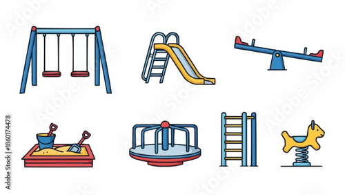 Collection of colorful playground equipment illustrations isolated on white background.
