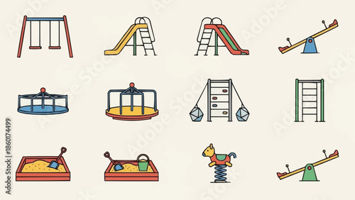Collection of colorful playground equipment illustrations on a light background.