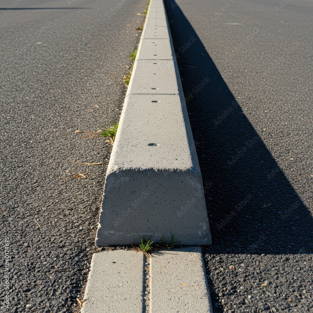 Fototapeta premium Detailed view of a rigid concrete curbstone separating the asphalt street pavement from the elevated pedestrian sidewalk path, ground, asphalt, construction