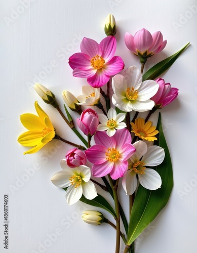 Delicate spring blooms artfully arranged on textured paper, a beautiful natural composition, blossom, watercolor