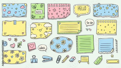 Collection of colorful sticky notes and stationery items.