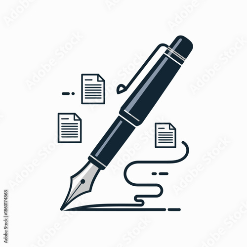 Fountain pen signing documents with flowing ink on paper.