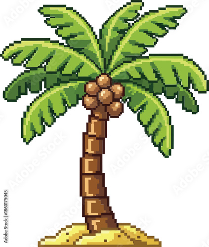 A charming pixel art palm tree with coconuts standing on a small sandy island