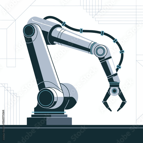Industrial robotic arm with mechanical claw on white background.