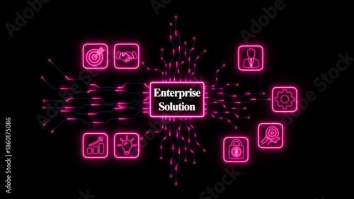 Neon Circuit Board With Enterprise Solution Icons technology– Futuristic Digital Technology and Network Concept