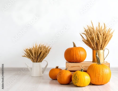 Fall scene pumpkins, wheat in vases, wood crate, white floor/wall