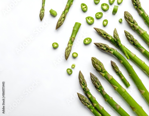 Asparagus spears and sliced green peppers scattered on a white surface