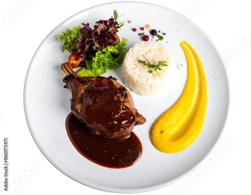 Plate of food featuring meat, rice, sauce, and a yellow puree