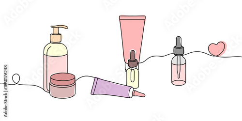Continious line drawing skin care cosmetics collection, tube of face and body cream in line art style on white background with colour shape. 
