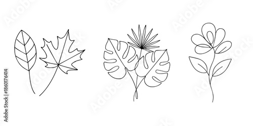Vector set of hand drawn, single continuous line flowers. Tropical, monstera, palm leaves. Art floral elements. Use for t-shirt prints, logos, cosmetics and beauty design elements