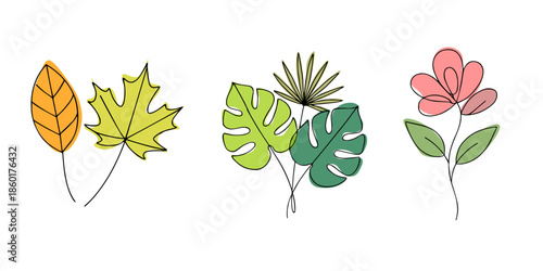 Vector set of hand drawn, single continuous line flowers. Tropical, monstera, palm leaves. Art floral elements. Use for t-shirt prints, logos, cosmetics and beauty design elements