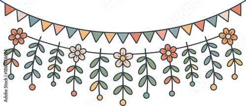 A charming garland with pastel colored flags and delicate flowers on hanging vines creating a festive decoration