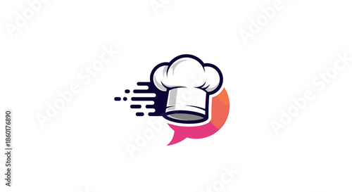 Fast food delivery logo concept featuring a chef hat with speed lines and a colorful speech bubble for message or brand name.