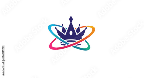 Royal crown logo with multi-colored orbital rings symbolizing power authority and global reach in a modern tech-style design.