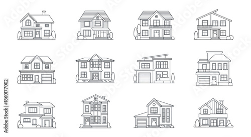 Diverse set of modern residential house line art designs including two story villas and contemporary architectural structures.