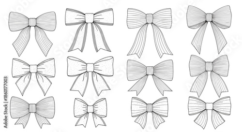 Elegant collection of hand drawn ribbon bow sketches with fine line detailing and various styles for decorative purposes.