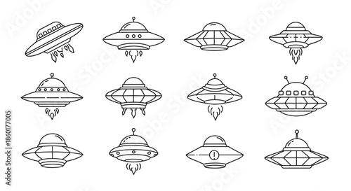 Comprehensive set of twelve different UFO and flying saucer line art designs representing various sci-fi spacecraft concepts.