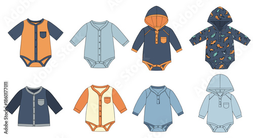 Collection of diverse baby bodysuits and rompers in various colors and patterns for infant fashion and apparel design.