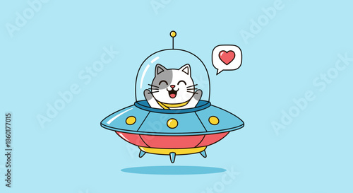 Adorable cat astronaut character happily piloting a blue and red UFO while sending a heart message in a speech bubble.