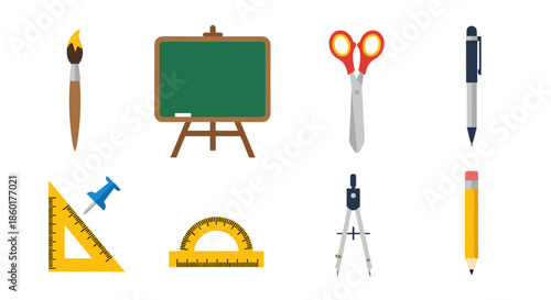 Set of colorful school and office supply icons including a chalkboard scissors paint brush and various measuring tools.