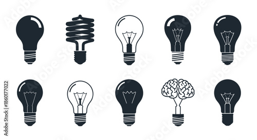 Set of diverse light bulb icons including classic incandescent spiral energy saving and a creative brain lightbulb concept.