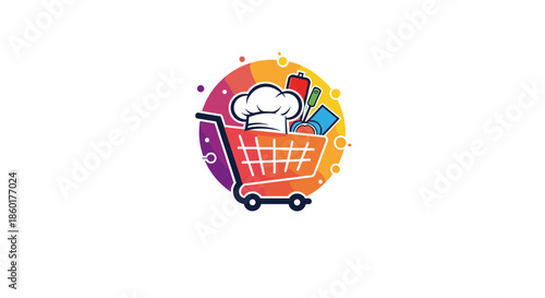 Food and cooking logo featuring a colorful shopping cart filled with ingredients and topped with a white chef hat.