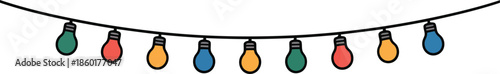 A cheerful cartoon illustration shows a string of many colorful light bulbs hanging on a black wire