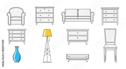 Collection of home furniture line art icons including a sofa chair dresser and a modern floor lamp with color accents.