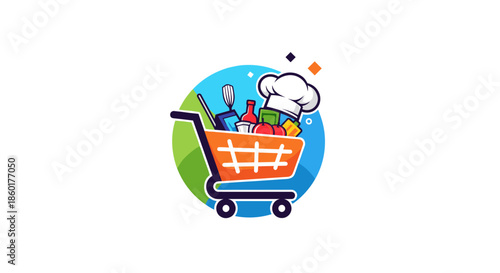 Shopping cart logo for a grocery delivery service featuring fresh produce and a chef hat on a circular background.