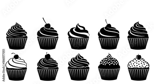 Elegant set of black and white cupcake silhouettes featuring various swirl frosting designs and sweet cherry toppings.