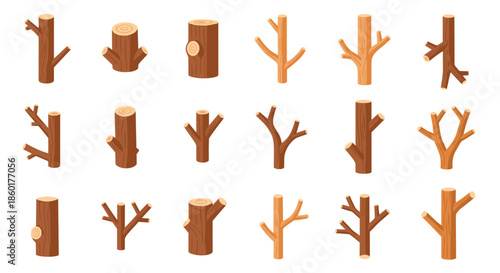 Set of different wooden tree branches logs and sticks in various shapes and sizes for nature or construction themed illustrations.