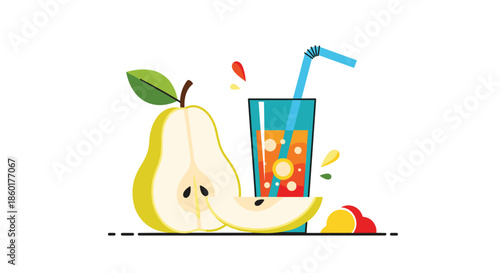 Fresh pear juice illustration with a full pear sliced pieces and a glass of beverage with a long blue straw.