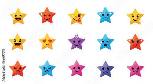 Collection of colorful star emoji icons with various funny faces and emotional expressions for social media and communication.