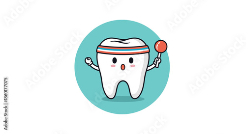 Funny cartoon tooth character wearing a sports headband and holding a red lollipop against a blue circle background.