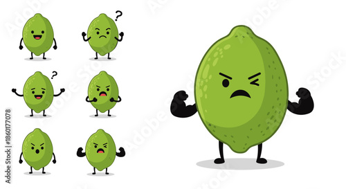 Collection of cute lime fruit character emojis with various faces and emotions including a strong flexing lime for fun designs.