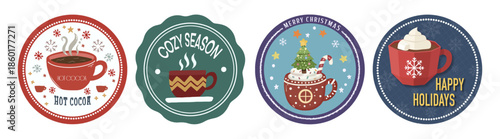 Set of Christmas Hot Cocoa and Winter Season Circular Labels.