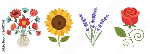 Beautiful Flat Floral Collection Featuring Wildflower Bouquet, Sunflower, Lavender, and Red Rose.