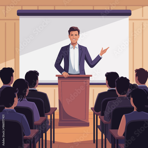 Man presenting to audience in a classroom setting with projector screen.