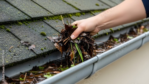 Hand clearing clogged gutter with wet leaves and debris from mossy roof shingles gutter cleaning