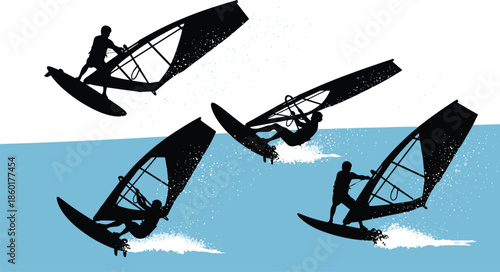 Windsurfing silhouette set, water sport action, black surfer figures, summer beach activity, ocean wave riding, extreme sport vector illustration