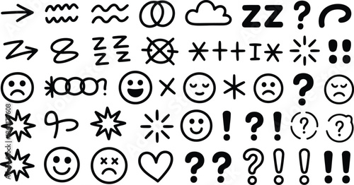 A comprehensive grid of hand drawn black line icons representing emotions and directional cues