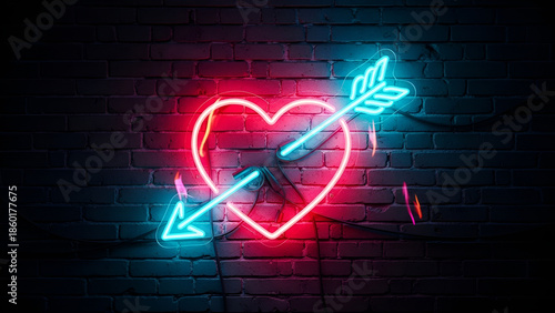 A neon heart pierced by an arrow against a dark brick wall