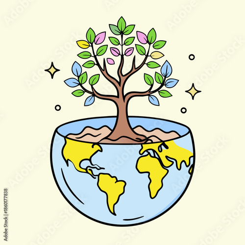 Tree Growing Inside Globe Icon Representing Global Reforestation
