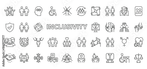 Inclusivity icons in line design. inclusivity, inclusion, diversity, equality, accessibility, community on white background vector. Inclusivity editable stroke icons