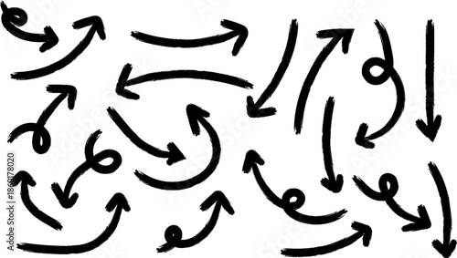 Bold brush drawn arrows. design element vector illustration. Set of Hand drawn vector arrows doodle on white background