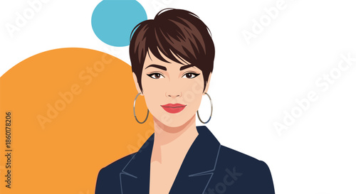 Confident woman with short brown hair and large silver hoop earrings is wearing a dark blue blazer against a colorful backdrop.