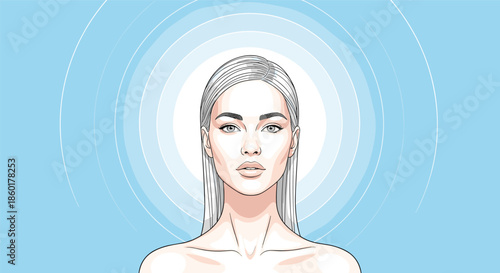Serene portrait of a woman with long silver hair is shown against a blue background featuring concentric white circles and lines.