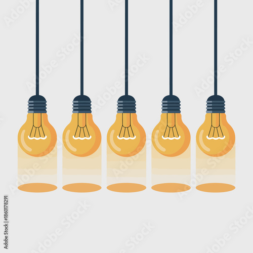 Five hanging light bulbs with glowing filaments against a white background.