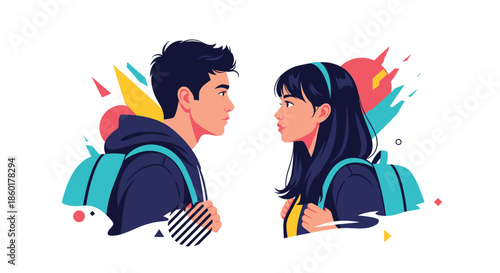 Young man and woman with backpacks are looking directly into each others eyes against a modern abstract background of shapes.