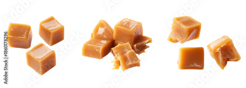 Delicious caramel cubes transparent background food photography close-up